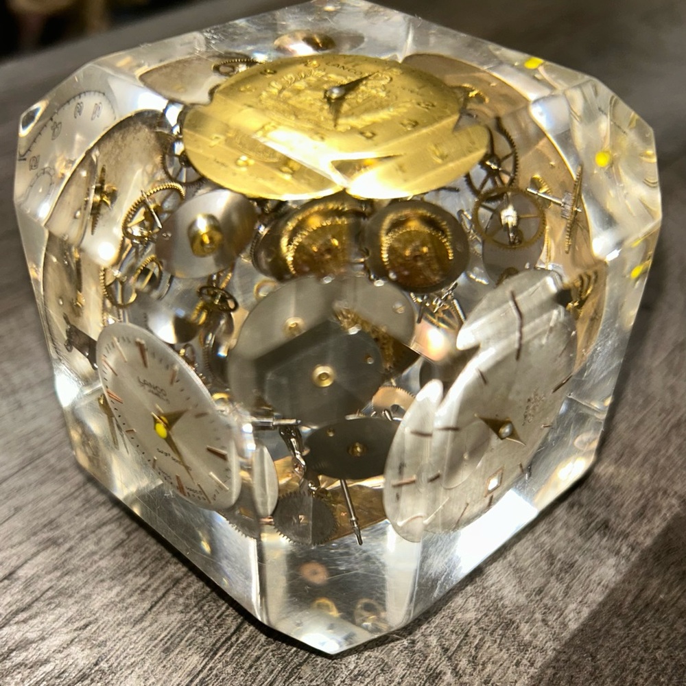 Vintage Frozen Time Faceted Lucite Exploded Watch/Clock Parts Paperweight 3”.
